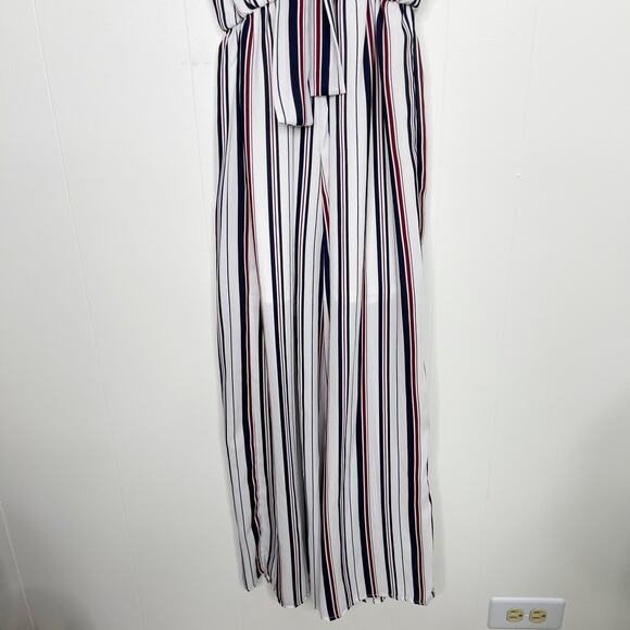 Sienna Sky Striped Button Front Jumpsuit Tie Back White Blue Red M Tie Waist - Picture 8 of 11